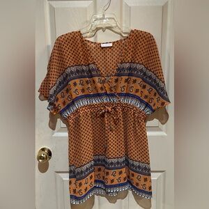 Orange & Blue Tie Front Ruffled Blouse, Size Medium